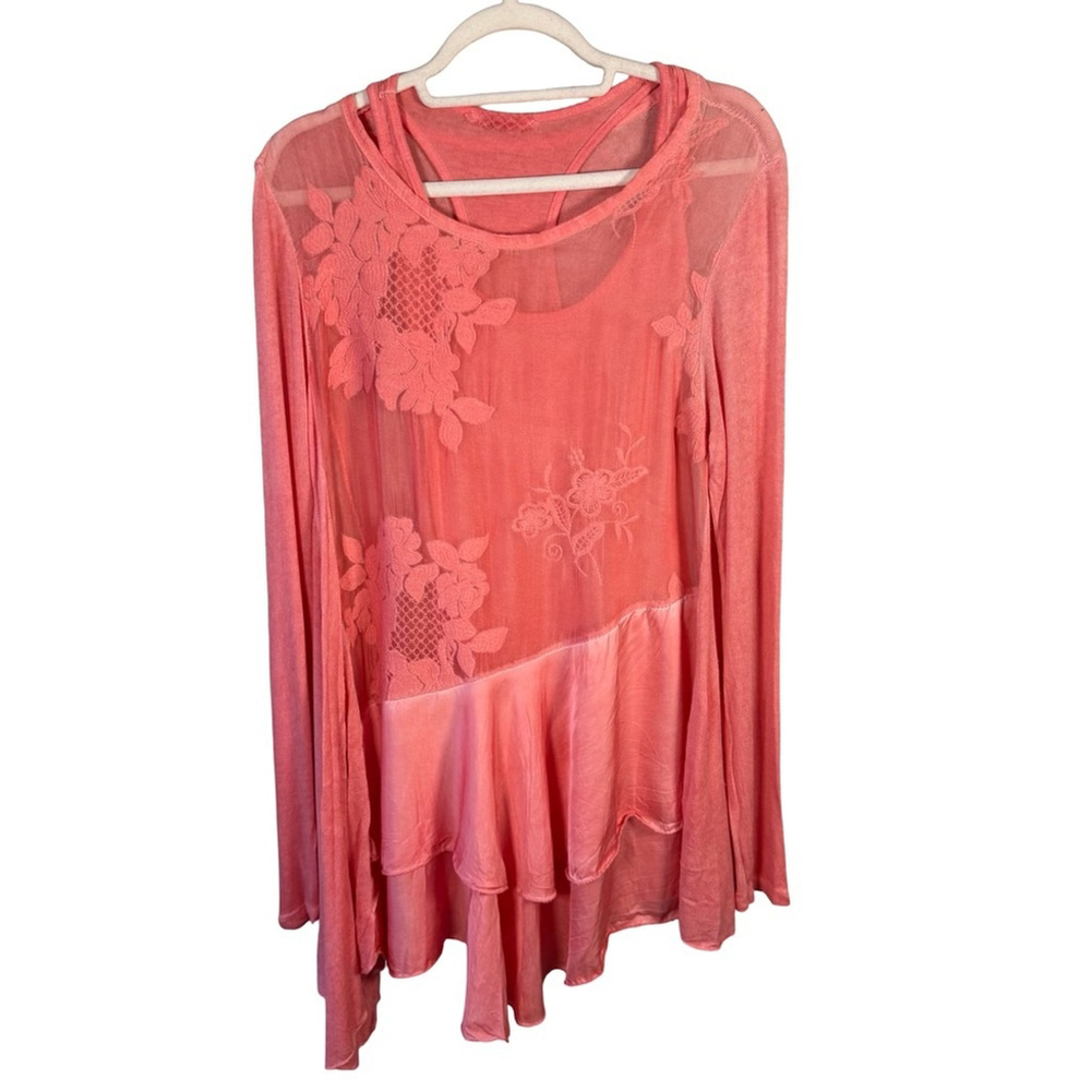 Boho Cottagecore Coral Floral Lace Tunic With Tank Size XS S Stretch Sheer - Picture 2 of 16